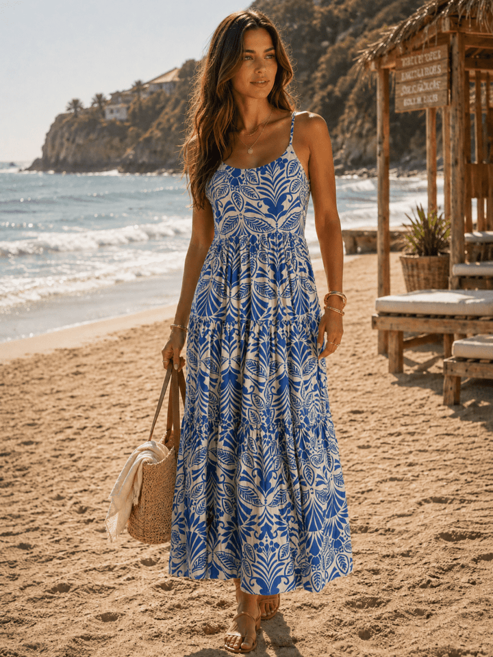 WOMEN'S SLEEVELESS FRONT POCKETS TIERED MULTI PRINT MAXI DRESS