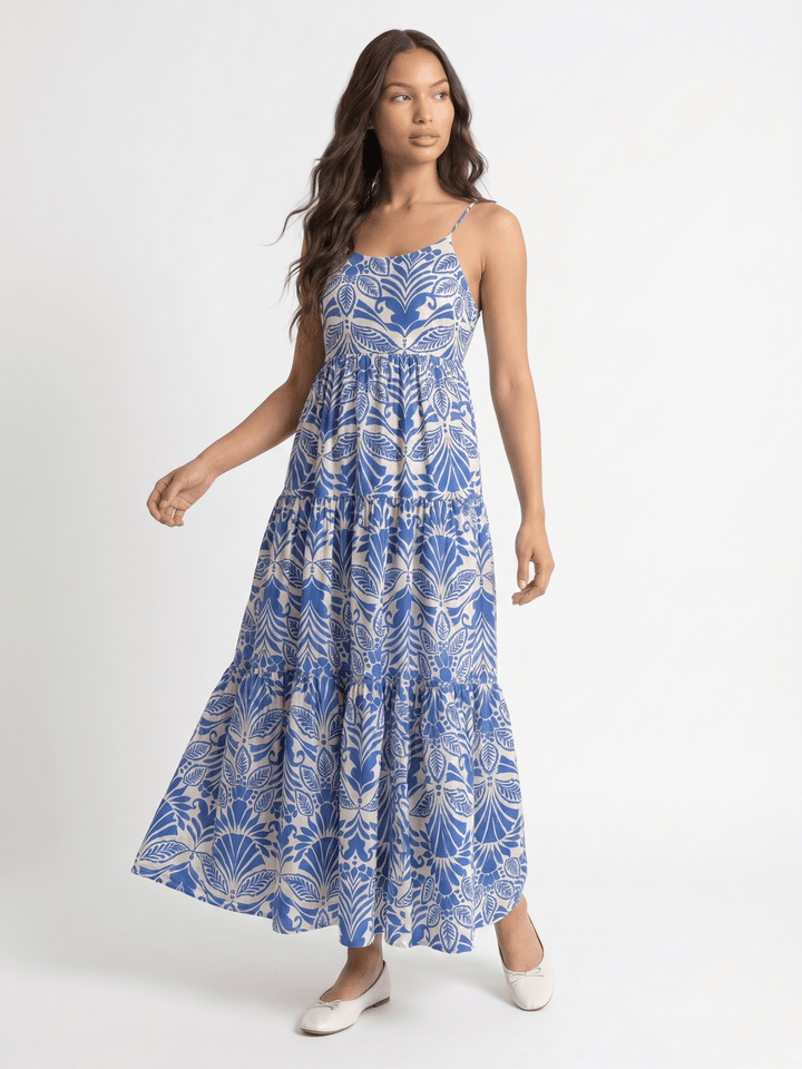 WOMEN'S SLEEVELESS FRONT POCKETS TIERED MULTI PRINT MAXI DRESS