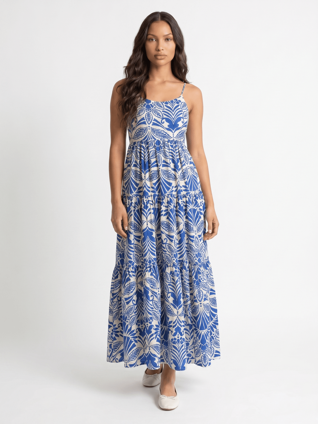 WOMEN'S SLEEVELESS FRONT POCKETS TIERED MULTI PRINT MAXI DRESS