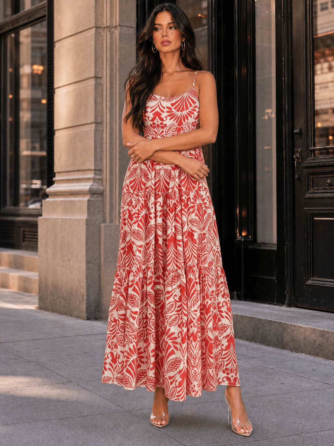 WOMEN'S SLEEVELESS FRONT POCKETS TIERED MULTI PRINT MAXI DRESS