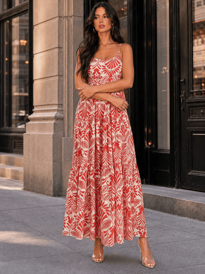 WOMEN'S SLEEVELESS FRONT POCKETS TIERED MULTI PRINT MAXI DRESS