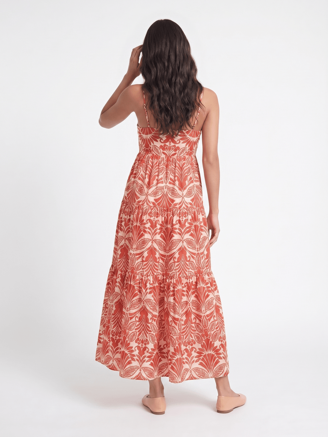 WOMEN'S SLEEVELESS FRONT POCKETS TIERED MULTI PRINT MAXI DRESS