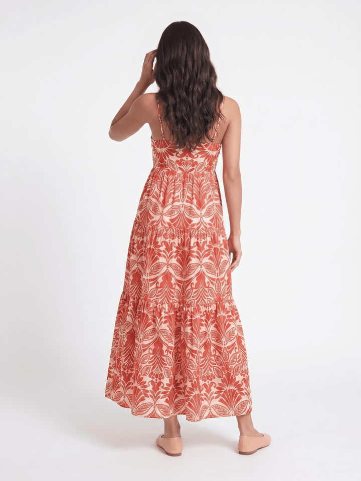 WOMEN'S SLEEVELESS FRONT POCKETS TIERED MULTI PRINT MAXI DRESS