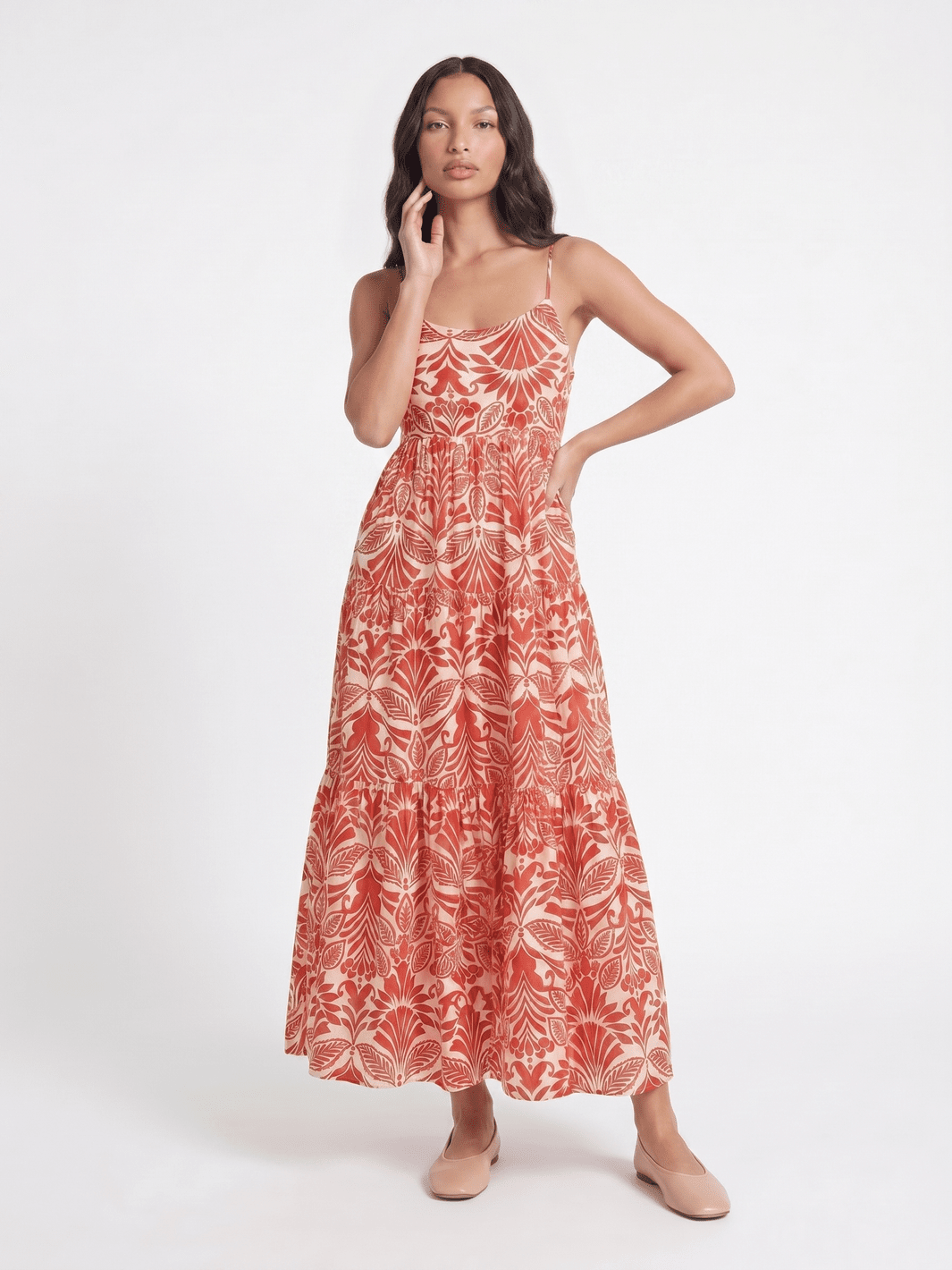 WOMEN'S SLEEVELESS FRONT POCKETS TIERED MULTI PRINT MAXI DRESS
