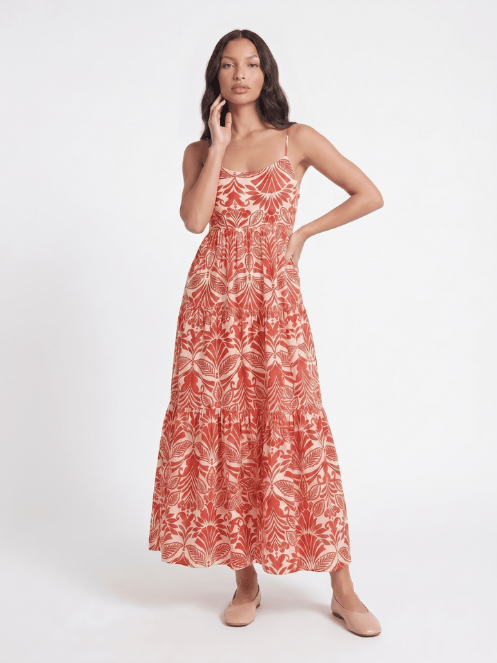 WOMEN'S SLEEVELESS FRONT POCKETS TIERED MULTI PRINT MAXI DRESS