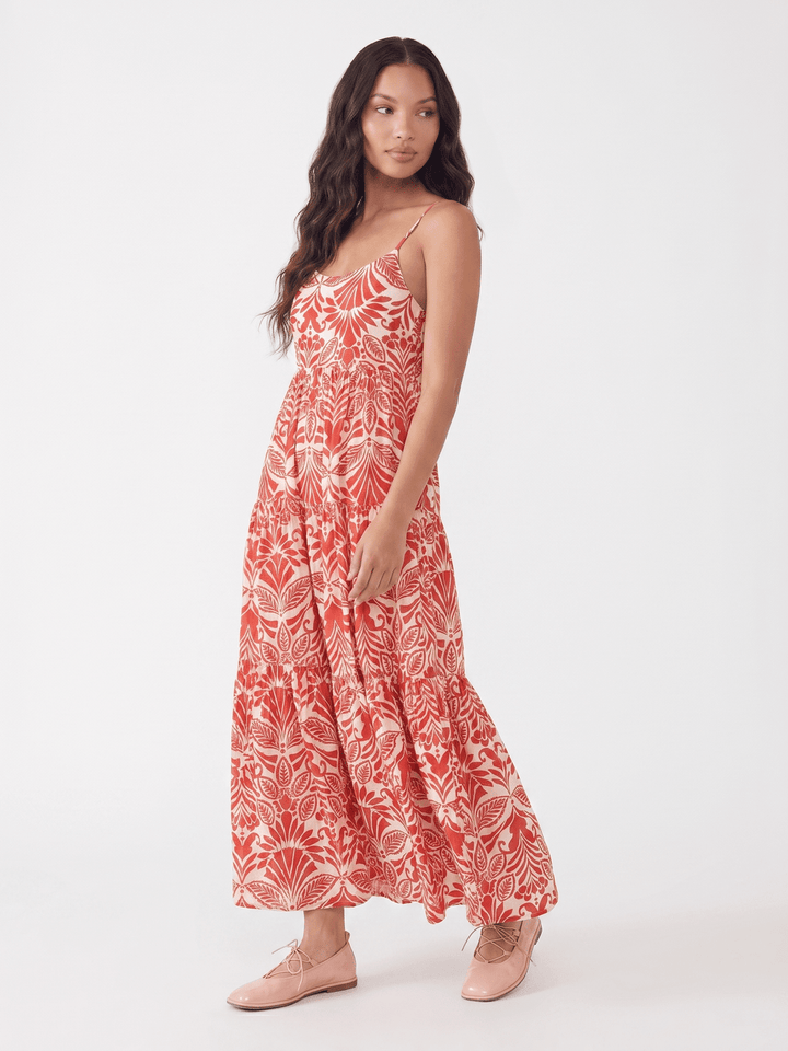 WOMEN'S SLEEVELESS FRONT POCKETS TIERED MULTI PRINT MAXI DRESS