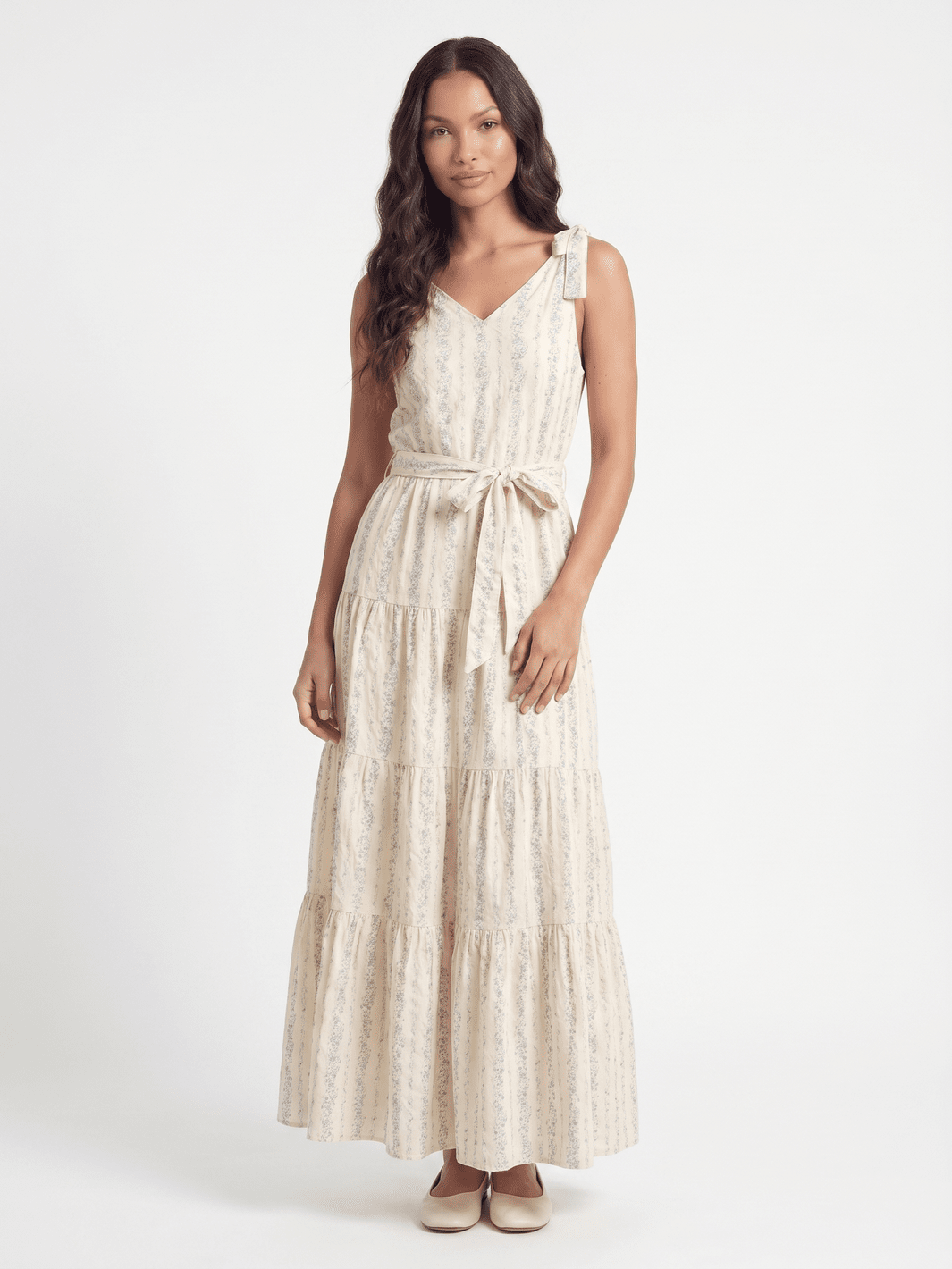 WOMEN'S SLEEVELESS V-NECK SELF TIE FRONT POCKETS TIERED FLORAL MAXI DRESS