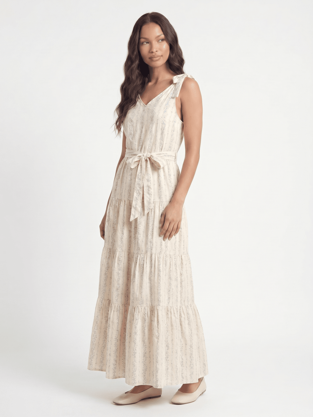 WOMEN'S SLEEVELESS V-NECK SELF TIE FRONT POCKETS TIERED FLORAL MAXI DRESS