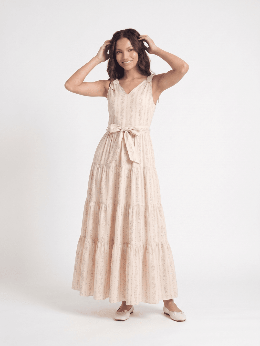 WOMEN'S SLEEVELESS V-NECK SELF TIE FRONT POCKETS TIERED FLORAL MAXI DRESS