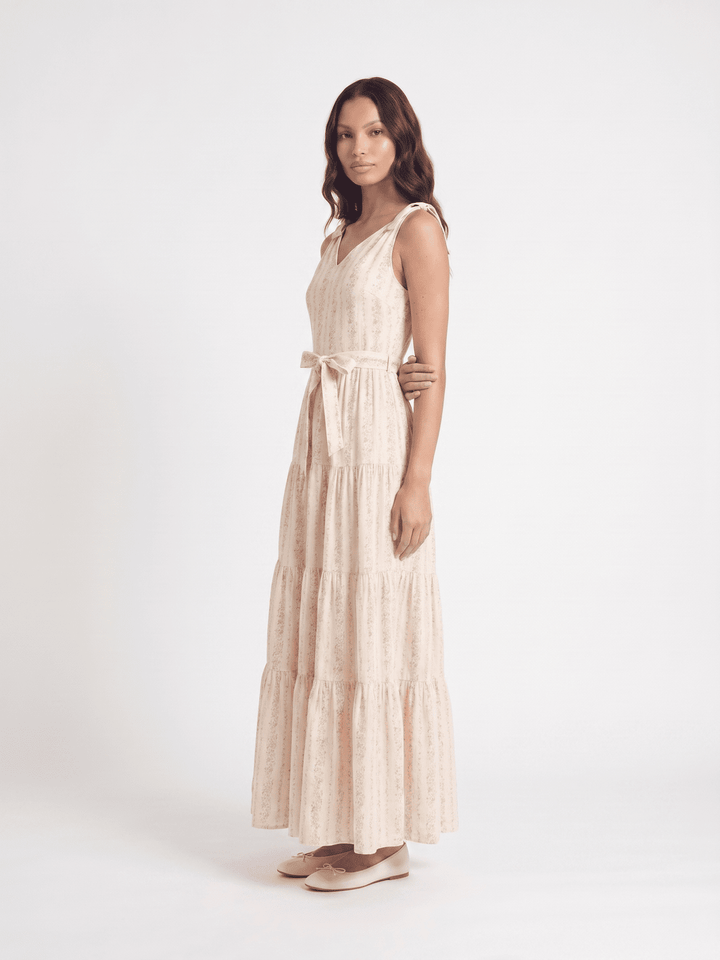 WOMEN'S SLEEVELESS V-NECK SELF TIE FRONT POCKETS TIERED FLORAL MAXI DRESS