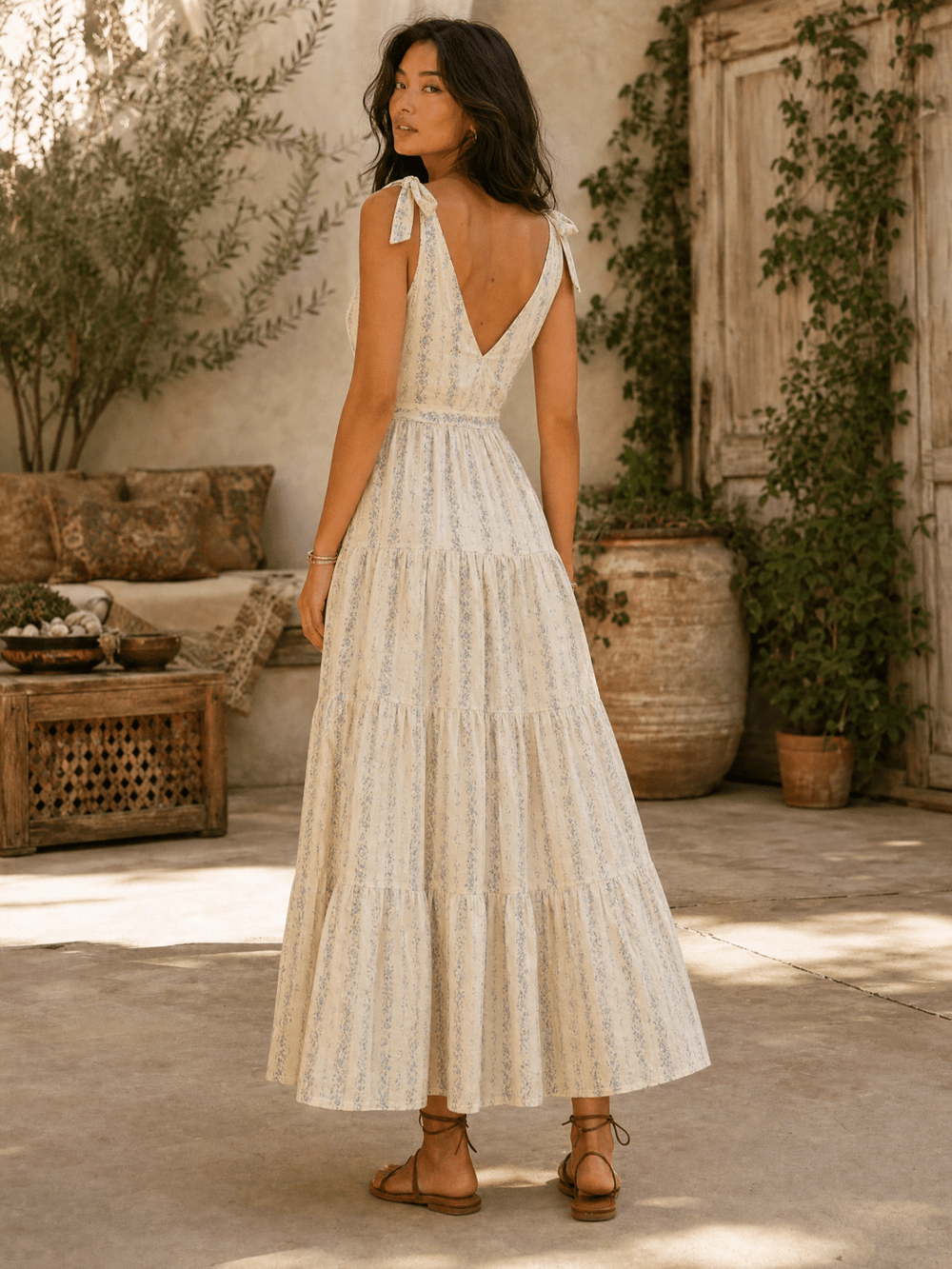 WOMEN'S SLEEVELESS V-NECK SELF TIE FRONT POCKETS TIERED FLORAL MAXI DRESS