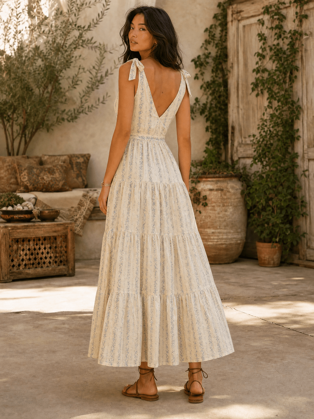 WOMEN'S SLEEVELESS V-NECK SELF TIE FRONT POCKETS TIERED FLORAL MAXI DRESS