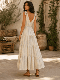 WOMEN'S SLEEVELESS V-NECK SELF TIE FRONT POCKETS TIERED FLORAL MAXI DRESS