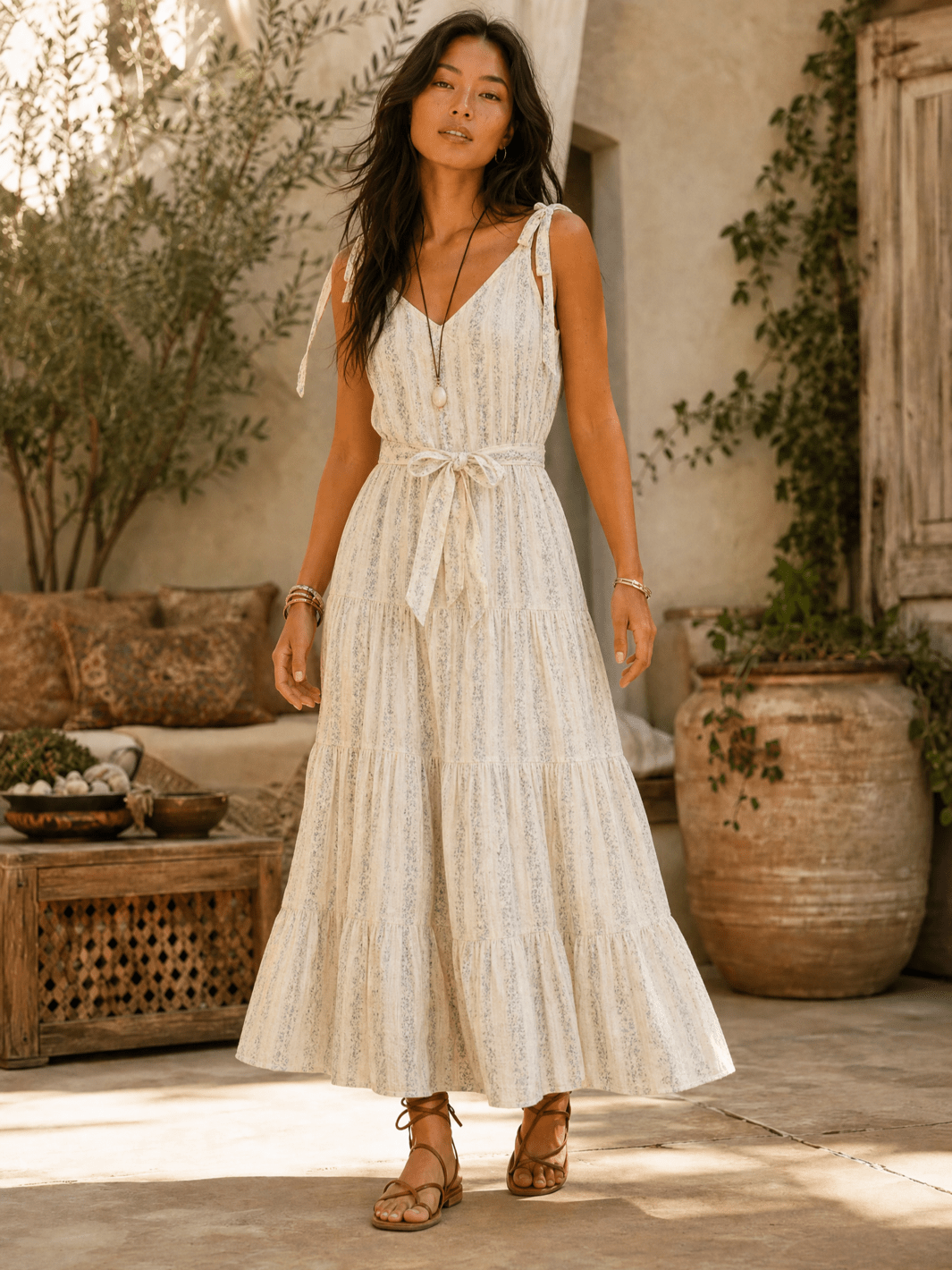 WOMEN'S SLEEVELESS V-NECK SELF TIE FRONT POCKETS TIERED FLORAL MAXI DRESS