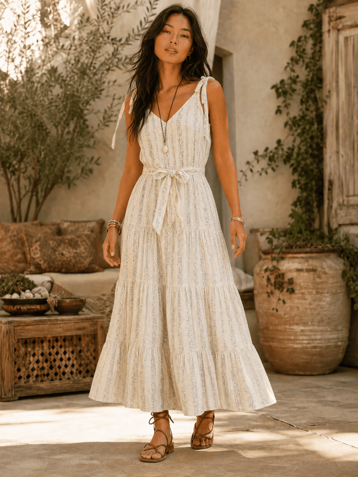 WOMEN'S SLEEVELESS V-NECK SELF TIE FRONT POCKETS TIERED FLORAL MAXI DRESS