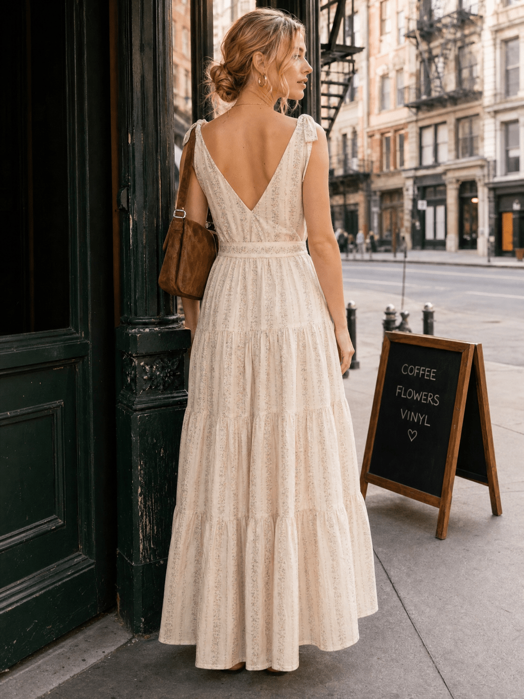 WOMEN'S SLEEVELESS V-NECK SELF TIE FRONT POCKETS TIERED FLORAL MAXI DRESS