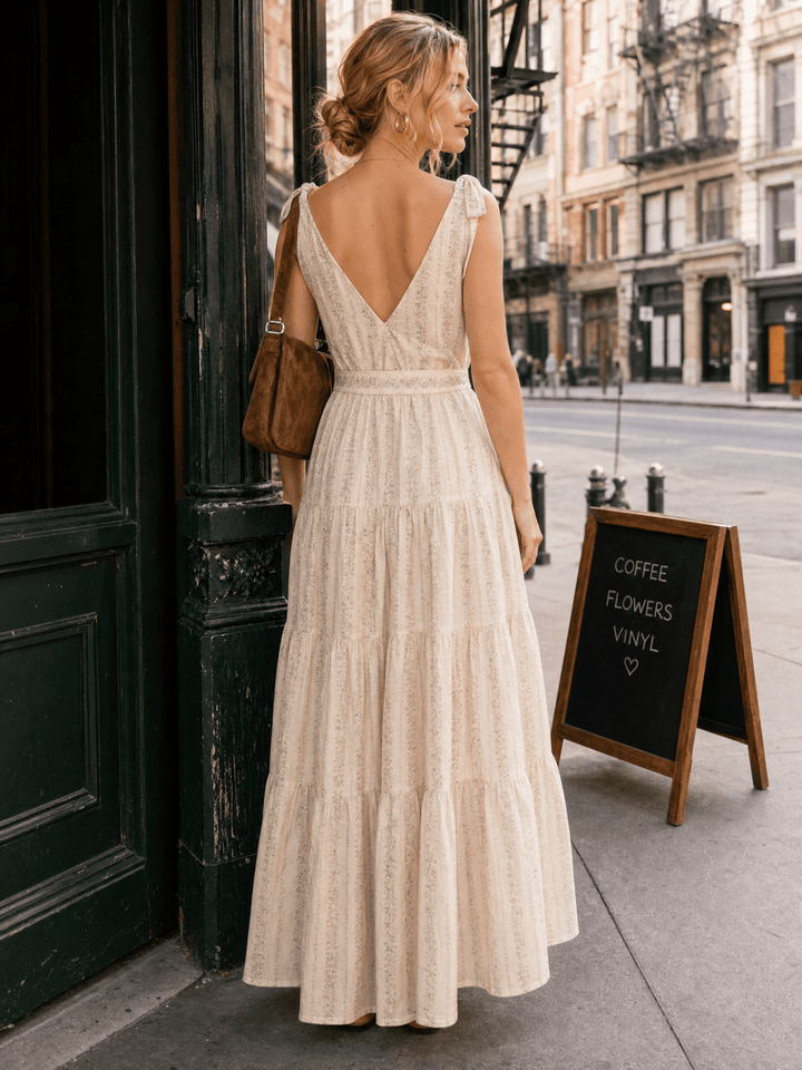 WOMEN'S SLEEVELESS V-NECK SELF TIE FRONT POCKETS TIERED FLORAL MAXI DRESS