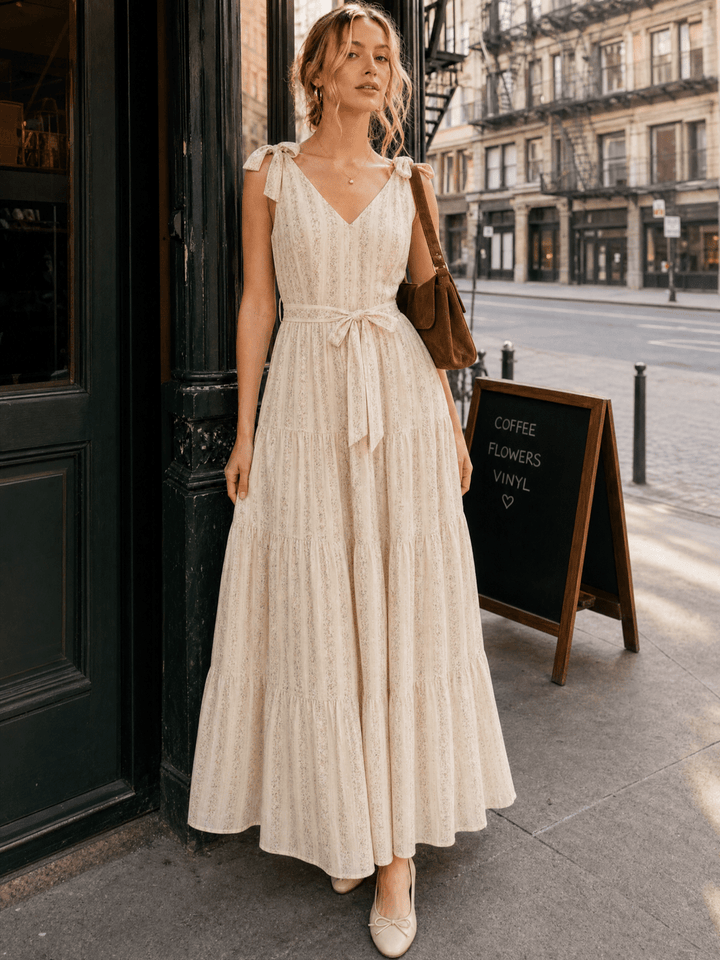 WOMEN'S SLEEVELESS V-NECK SELF TIE FRONT POCKETS TIERED FLORAL MAXI DRESS