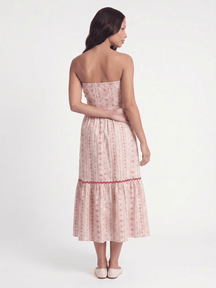 WOMEN'S SLEEVELESS SMOCK FRONT POCKETS FRONT BOW FLORAL MIDI DRESS