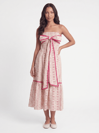 WOMEN'S SLEEVELESS SMOCK FRONT POCKETS FRONT BOW FLORAL MIDI DRESS