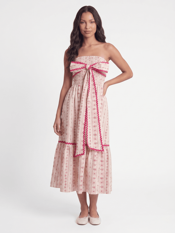 WOMEN'S SLEEVELESS SMOCK FRONT POCKETS FRONT BOW FLORAL MIDI DRESS