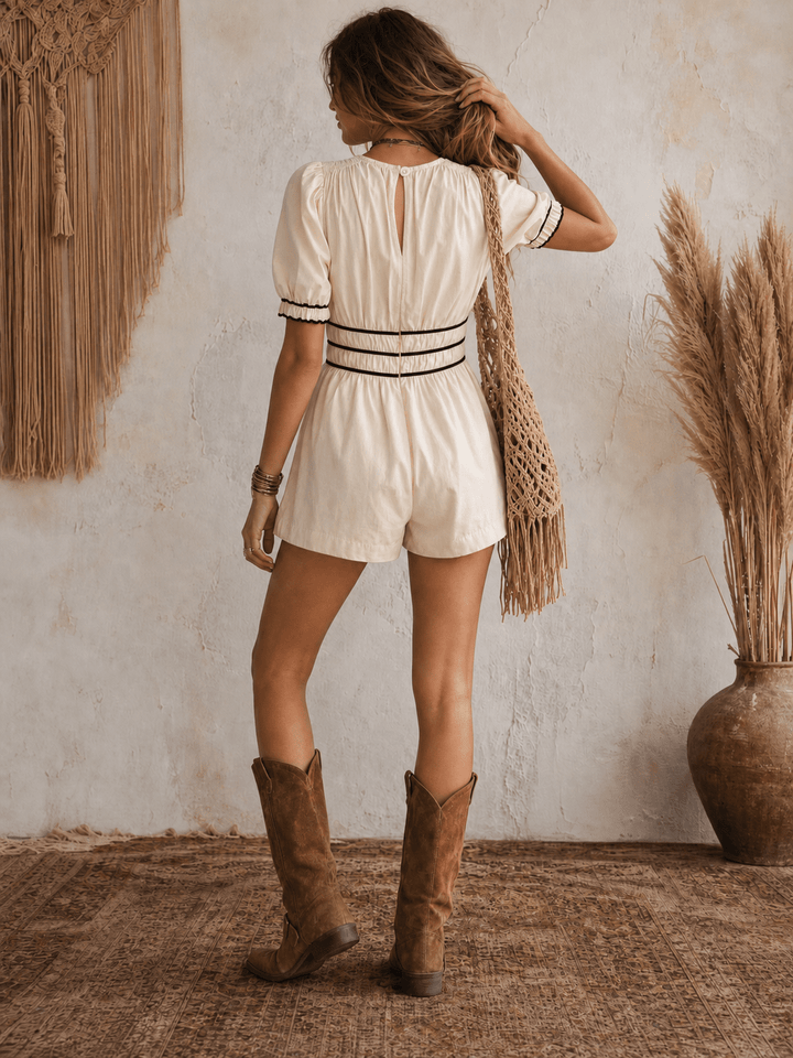 WOMEN'S SHORT SLEEVE FRONT POCKETS COLORBLOCK TRIM DETAILED ROMPER