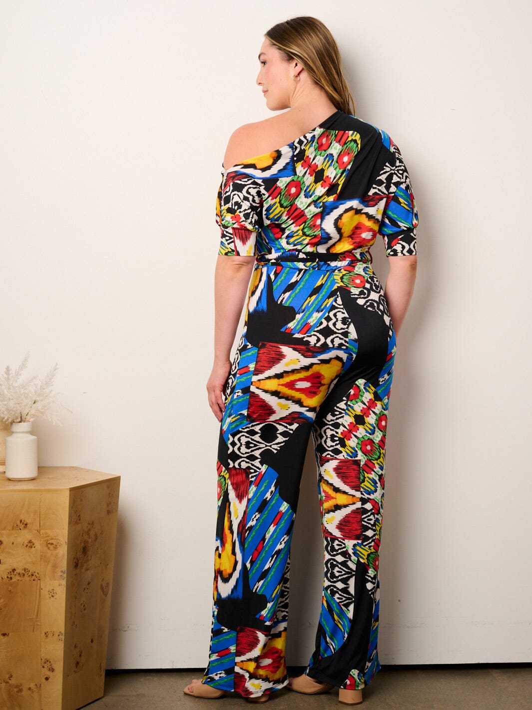 PLUS SIZE OFF SHOULDER SHORT SLEEVE SELF TIE MULTI PRINT WIDE LEG JUMPSUIT