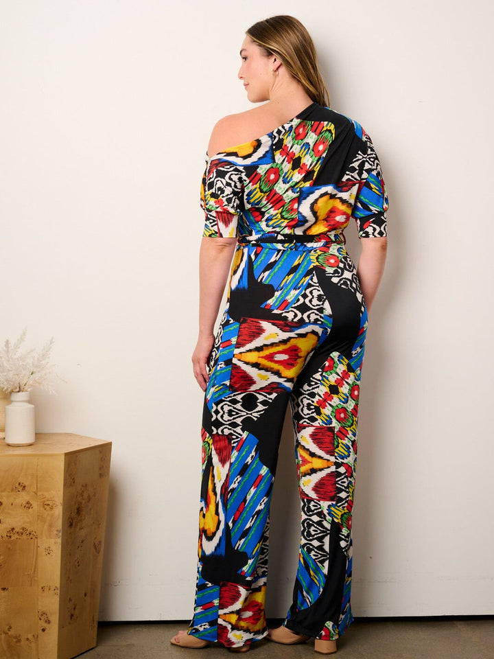 PLUS SIZE OFF SHOULDER SHORT SLEEVE SELF TIE MULTI PRINT WIDE LEG JUMPSUIT