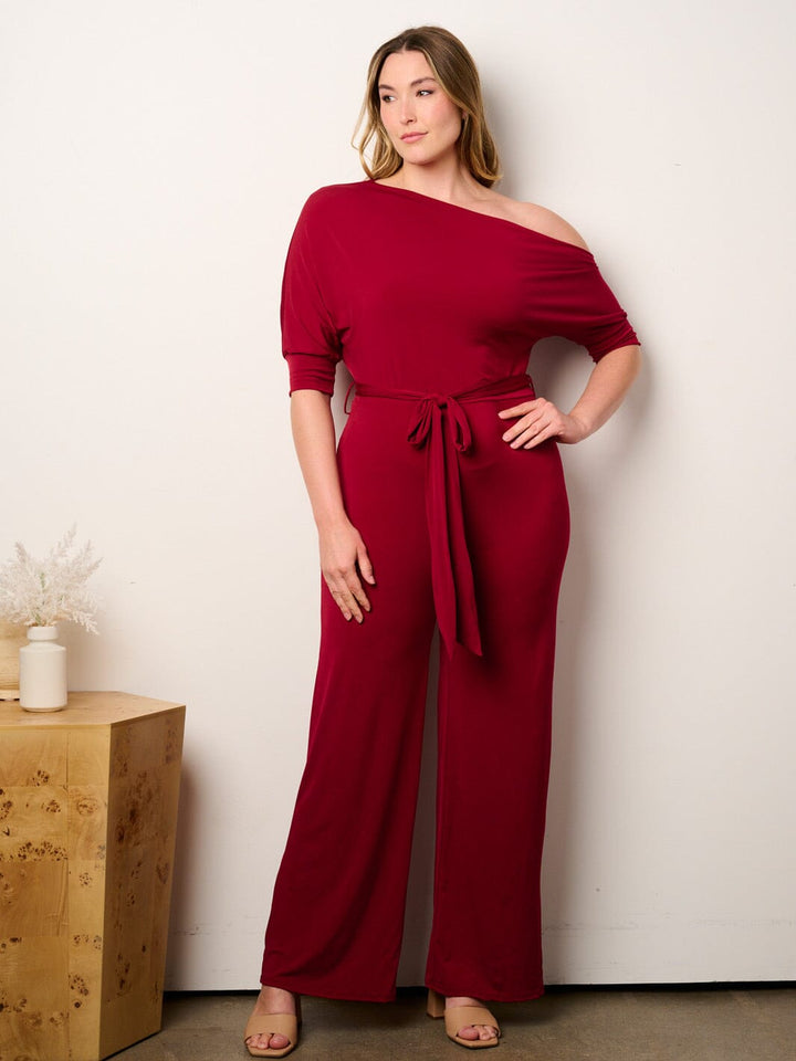 WOMEN'S SHORT SLEEVE OFF SHOULDER SELF TIE WIDE LEG JUMPSUIT