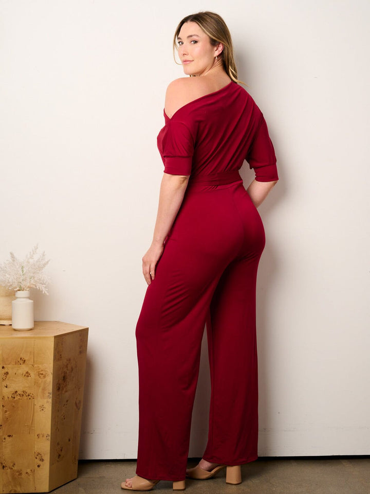 WOMEN'S SHORT SLEEVE OFF SHOULDER SELF TIE WIDE LEG JUMPSUIT