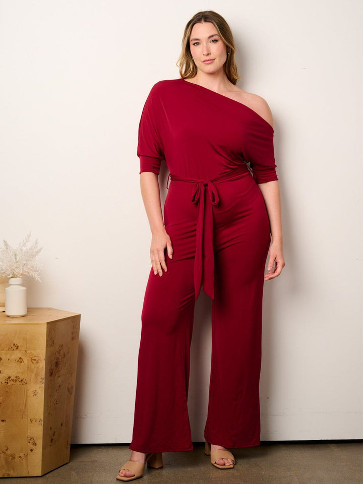 WOMEN'S SHORT SLEEVE OFF SHOULDER SELF TIE WIDE LEG JUMPSUIT