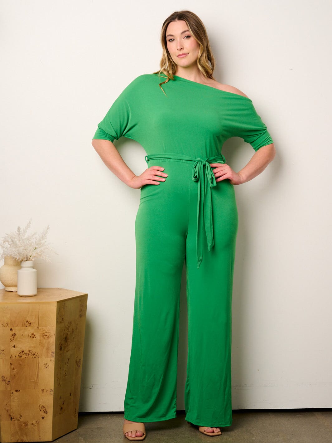 WOMEN'S SHORT SLEEVE OFF SHOULDER SELF TIE WIDE LEG JUMPSUIT