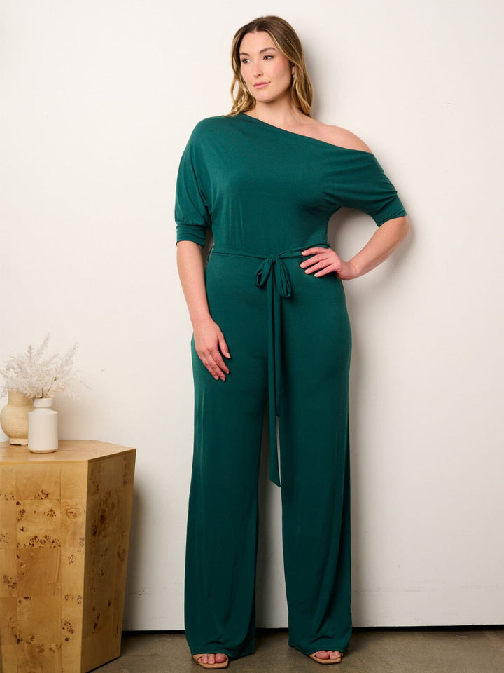 WOMEN'S SHORT SLEEVE OFF SHOULDER SELF TIE WIDE LEG JUMPSUIT