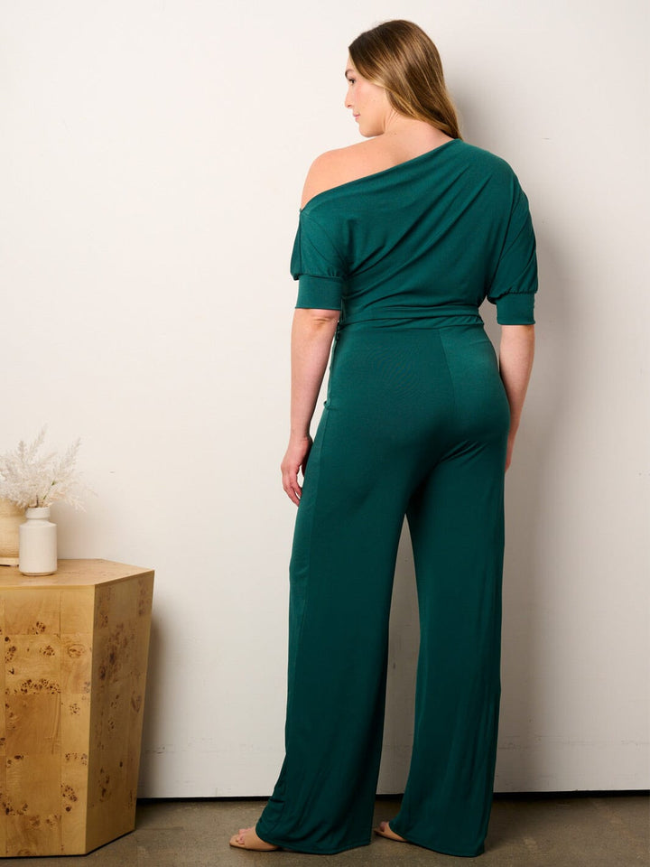 WOMEN'S SHORT SLEEVE OFF SHOULDER SELF TIE WIDE LEG JUMPSUIT