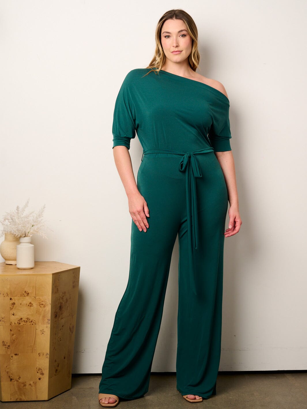 WOMEN'S SHORT SLEEVE OFF SHOULDER SELF TIE WIDE LEG JUMPSUIT