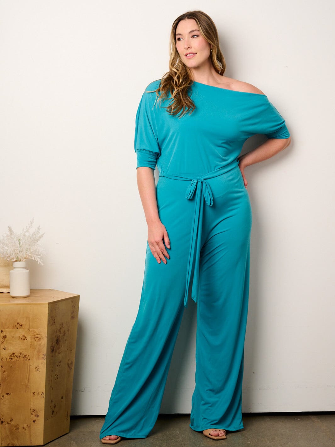 WOMEN'S SHORT SLEEVE OFF SHOULDER SELF TIE WIDE LEG JUMPSUIT