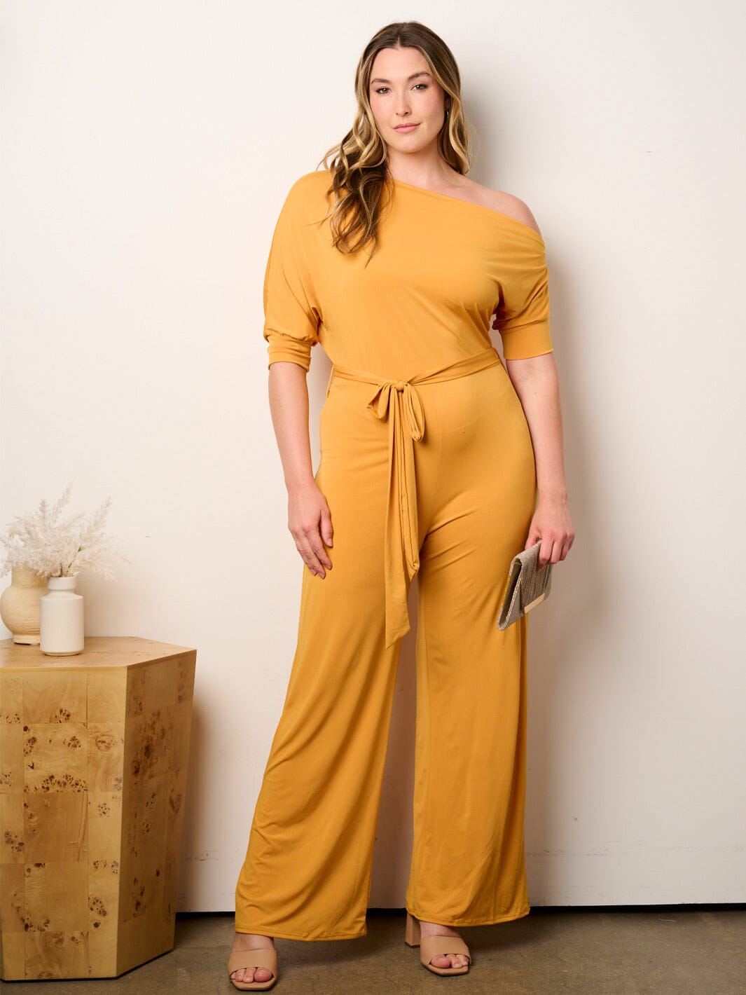 WOMEN'S SHORT SLEEVE OFF SHOULDER SELF TIE WIDE LEG JUMPSUIT