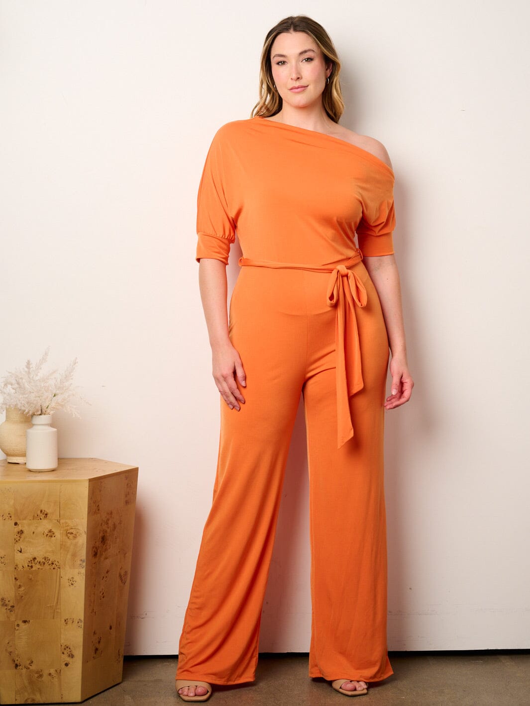 WOMEN'S SHORT SLEEVE OFF SHOULDER SELF TIE WIDE LEG JUMPSUIT