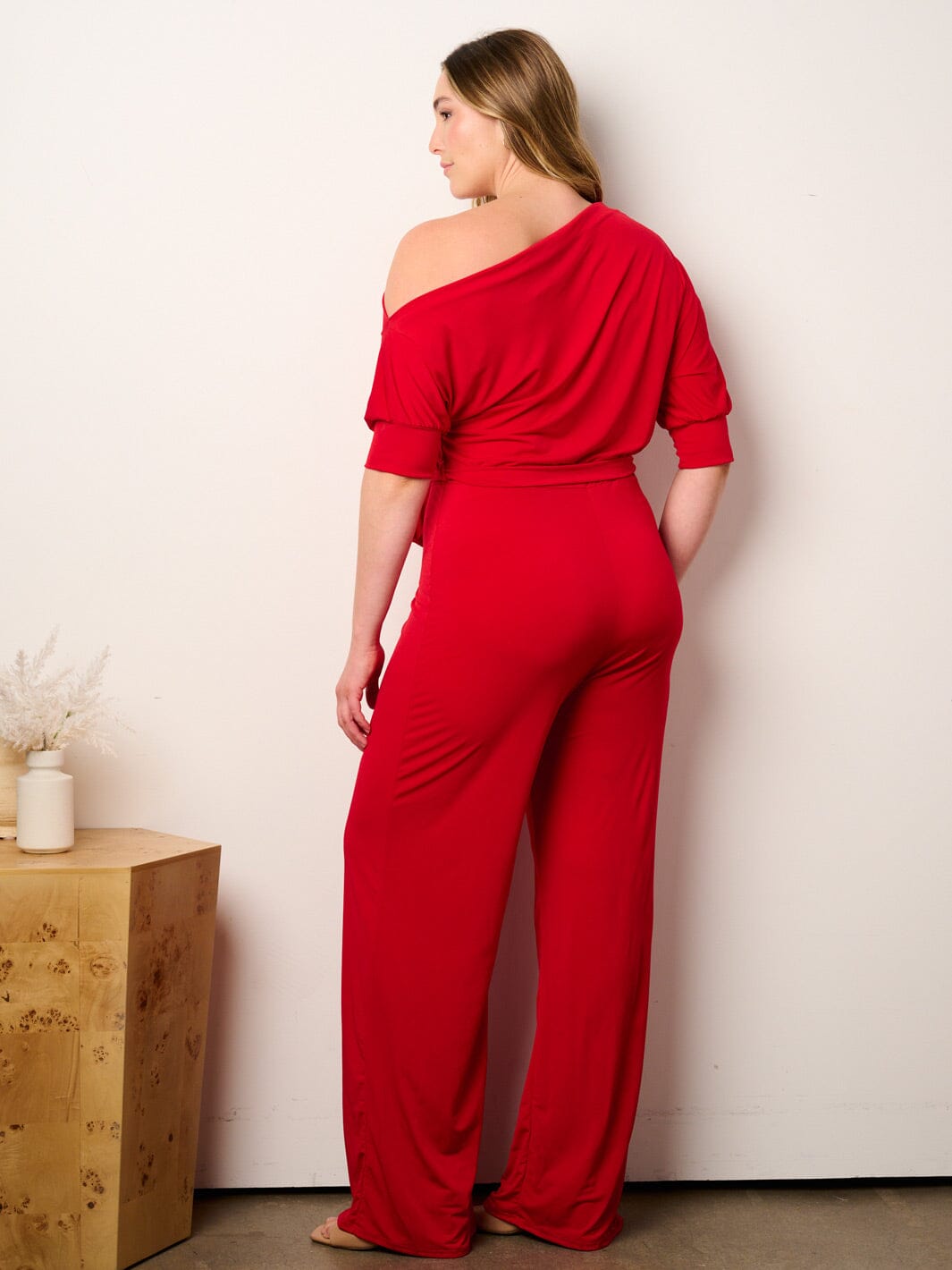 WOMEN'S SHORT SLEEVE OFF SHOULDER SELF TIE WIDE LEG JUMPSUIT