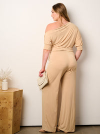 WOMEN'S SHORT SLEEVE OFF SHOULDER SELF TIE WIDE LEG JUMPSUIT