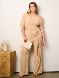 WOMEN'S SHORT SLEEVE OFF SHOULDER SELF TIE WIDE LEG JUMPSUIT