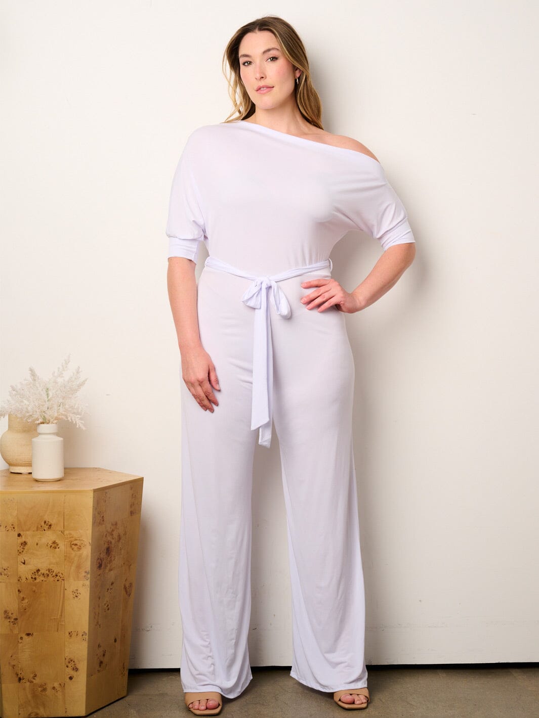 WOMEN'S SHORT SLEEVE OFF SHOULDER SELF TIE WIDE LEG JUMPSUIT
