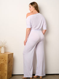 WOMEN'S SHORT SLEEVE OFF SHOULDER SELF TIE WIDE LEG JUMPSUIT