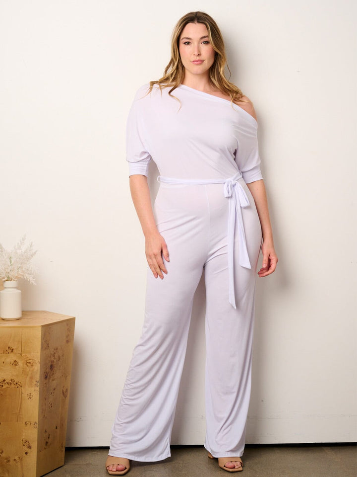 WOMEN'S SHORT SLEEVE OFF SHOULDER SELF TIE WIDE LEG JUMPSUIT