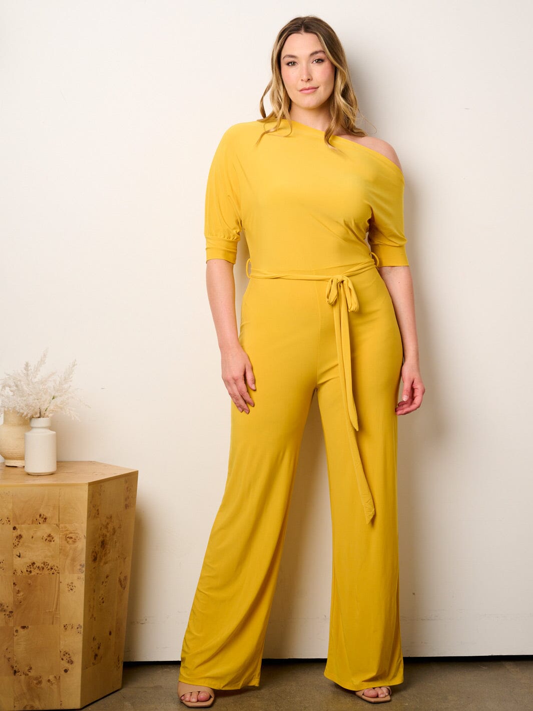 WOMEN'S SHORT SLEEVE OFF SHOULDER SELF TIE WIDE LEG JUMPSUIT