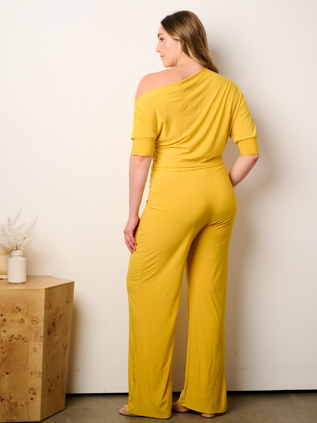 WOMEN'S SHORT SLEEVE OFF SHOULDER SELF TIE WIDE LEG JUMPSUIT