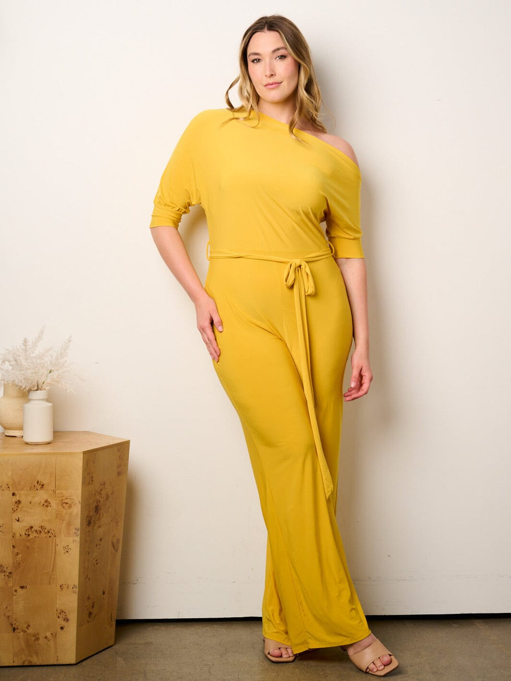 WOMEN'S SHORT SLEEVE OFF SHOULDER SELF TIE WIDE LEG JUMPSUIT