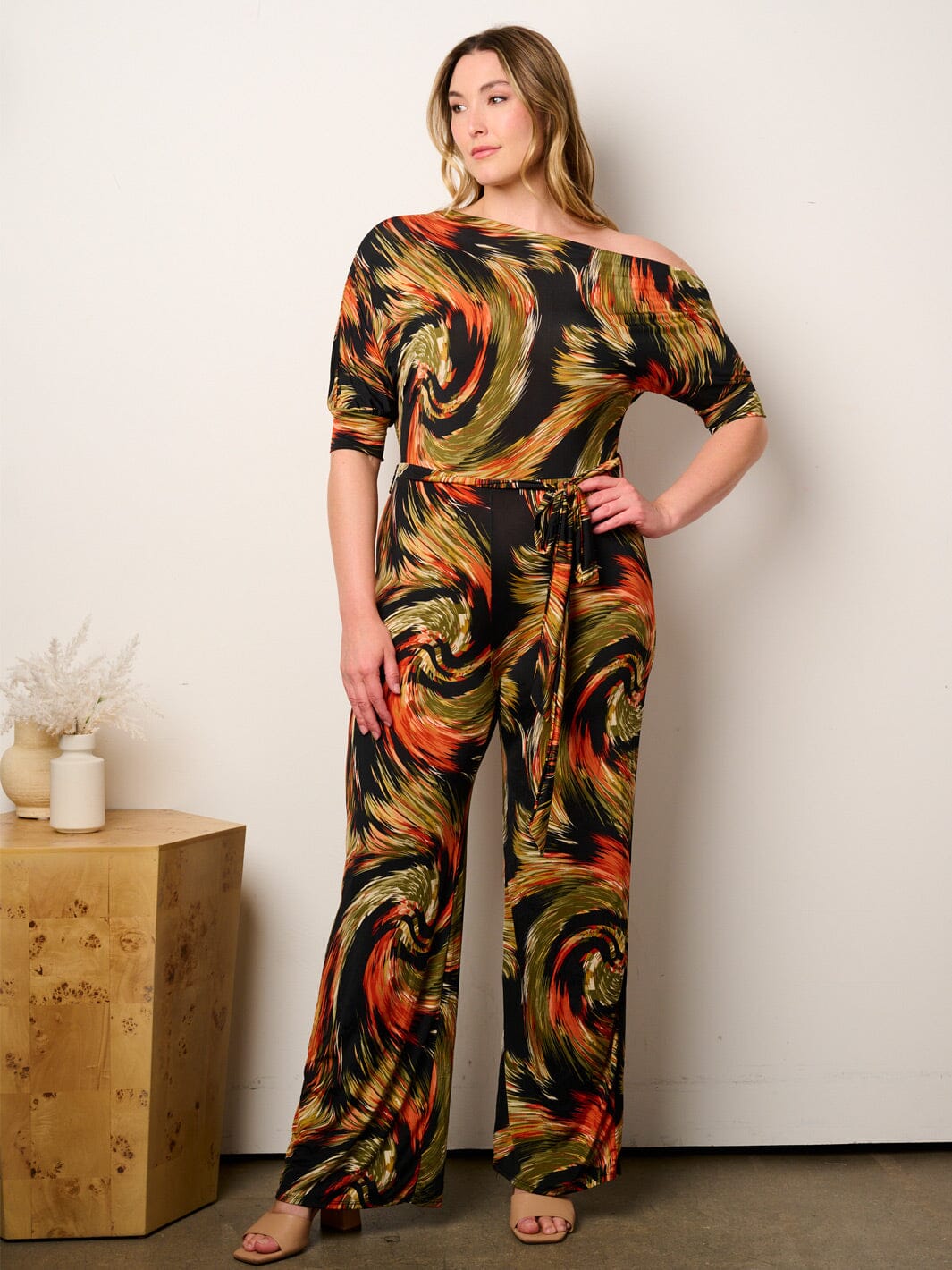 PLUS SIZE OFF SHOULDER SHORT SLEEVE SELF TIE MULTI PRINT WIDE LEG JUMPSUIT