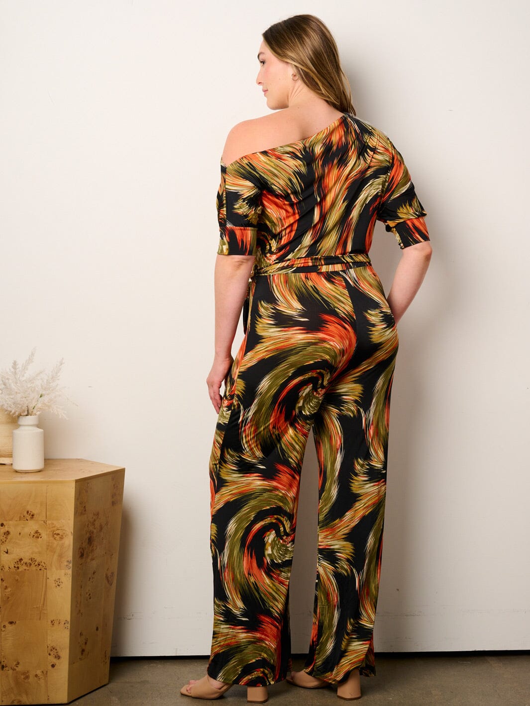 PLUS SIZE OFF SHOULDER SHORT SLEEVE SELF TIE MULTI PRINT WIDE LEG JUMPSUIT