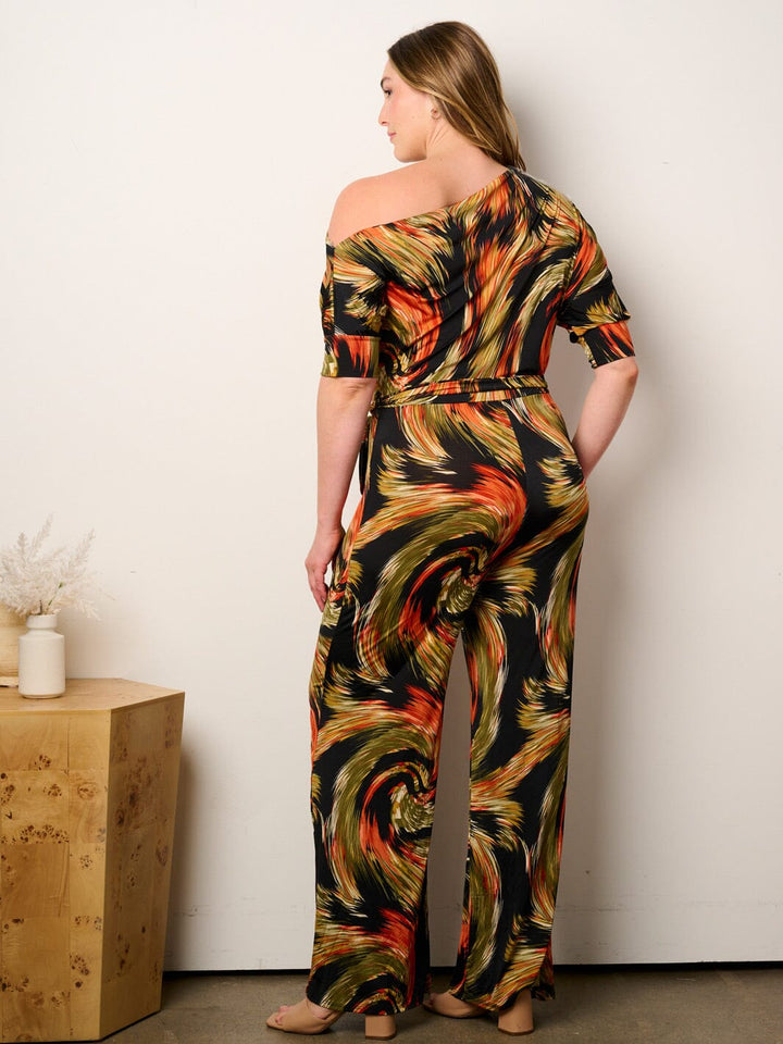 PLUS SIZE OFF SHOULDER SHORT SLEEVE SELF TIE MULTI PRINT WIDE LEG JUMPSUIT